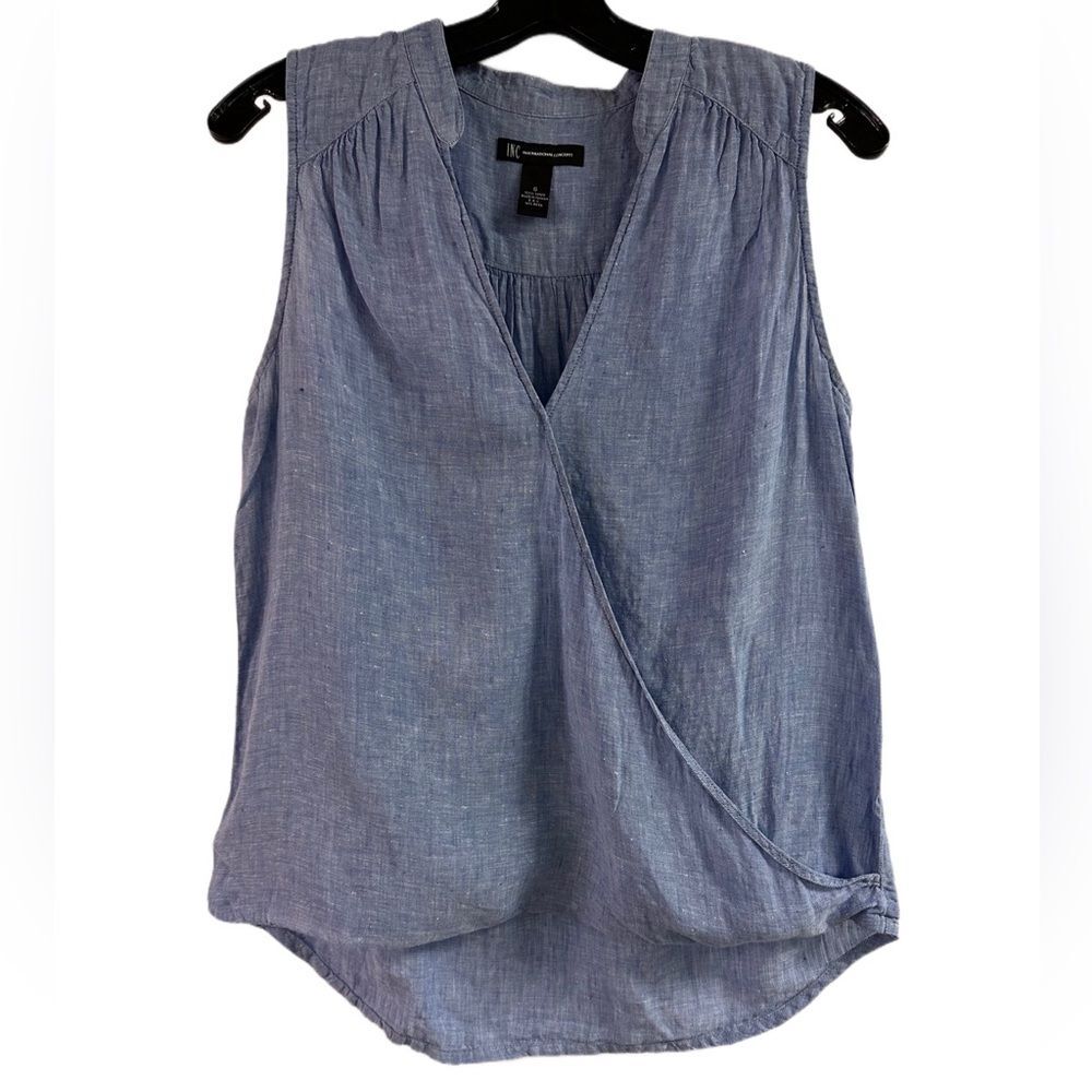 INC International Concepts 100% Linen Blue Hi-Low Top Size 6